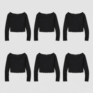 6 Pack S Wild Fable Women's Long Sleeve T-Shirt Black, Size small, Cropped
